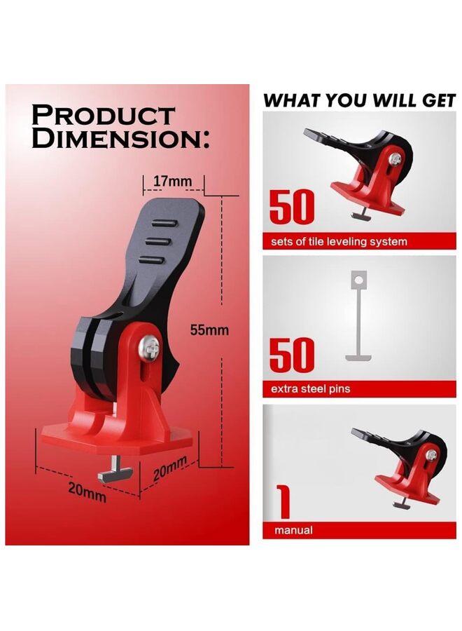 يُسلِّم نظام تسوية البلاط (٥٠ قطعة)، أدوات بلاط قابلة لإعادة الاستخدام لتركيب فواصل البلاط، نظام تسوية الأرضيات، أدوات تسوية الأرضيات، مادة تسوية ذاتية، أحمر - Image 2